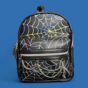 Claire’s Gothic Black Backpack w/ Iridescent Spider Web & chain detail NWT